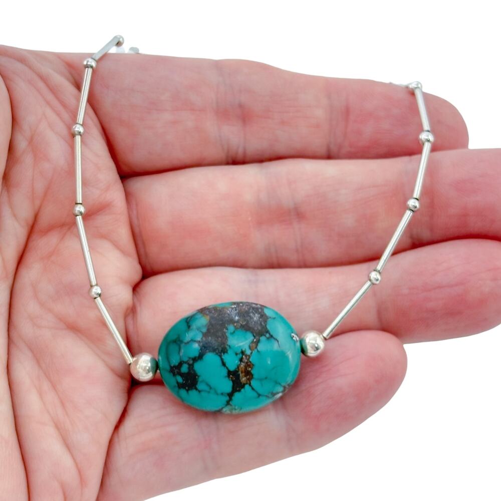 Vintage Sterling Liquid Silver 925 Turquoise Pendant Necklace 15"